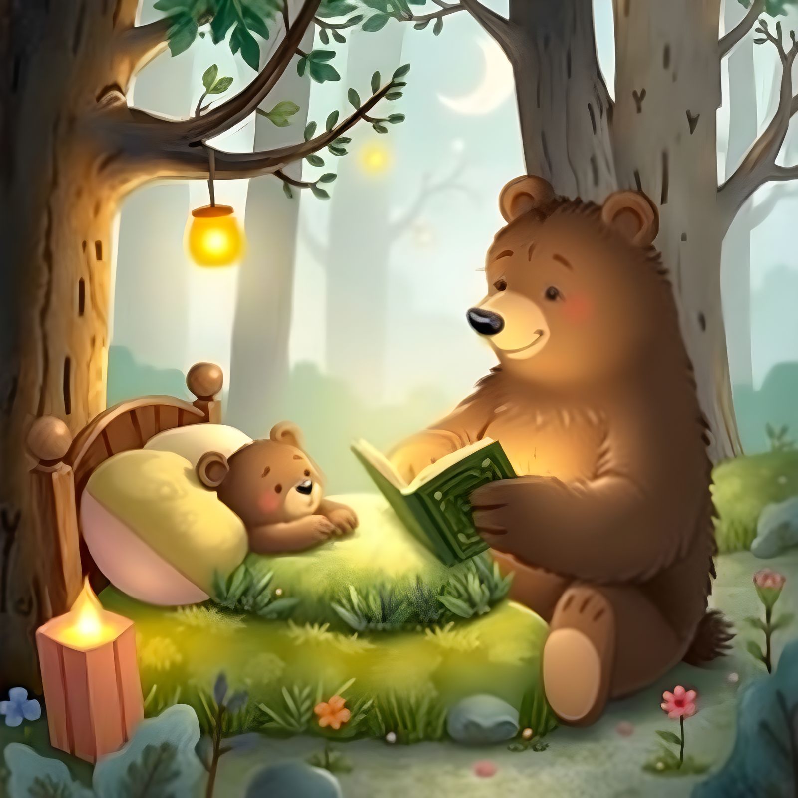 Bear Dad Reading to Cub in Enchanted Forest