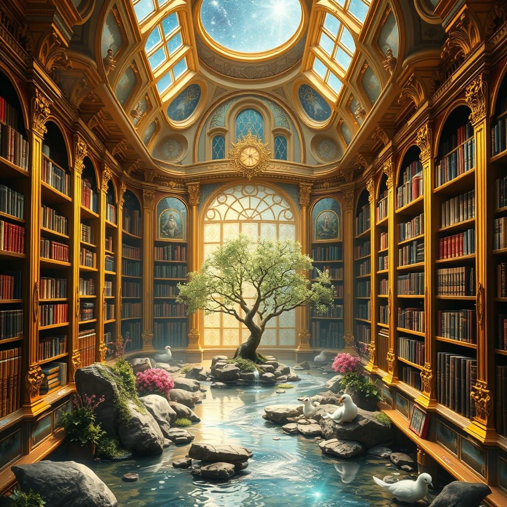 Fantasy Library Under Starry Skies in Intricately Detailed H...