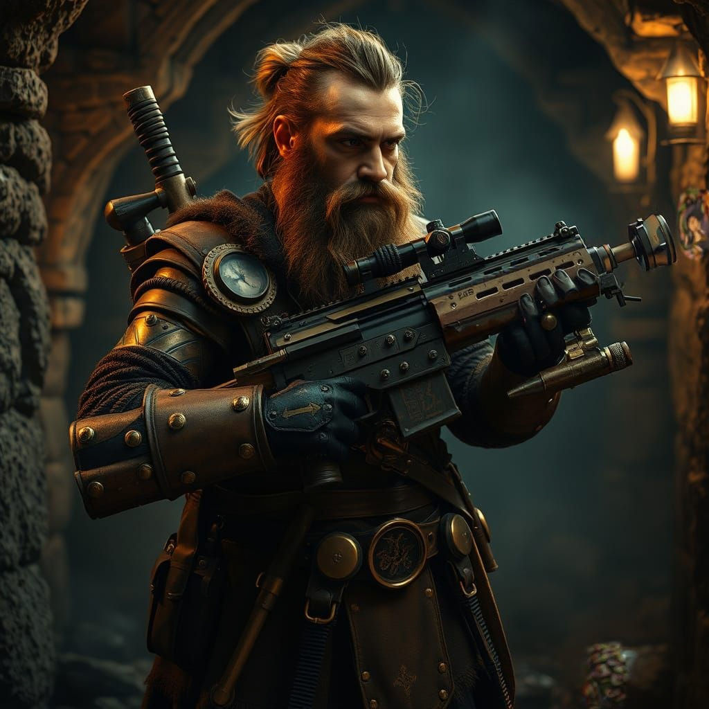 Epic Steam Punk Dwarven Warrior in Dark Dungeon