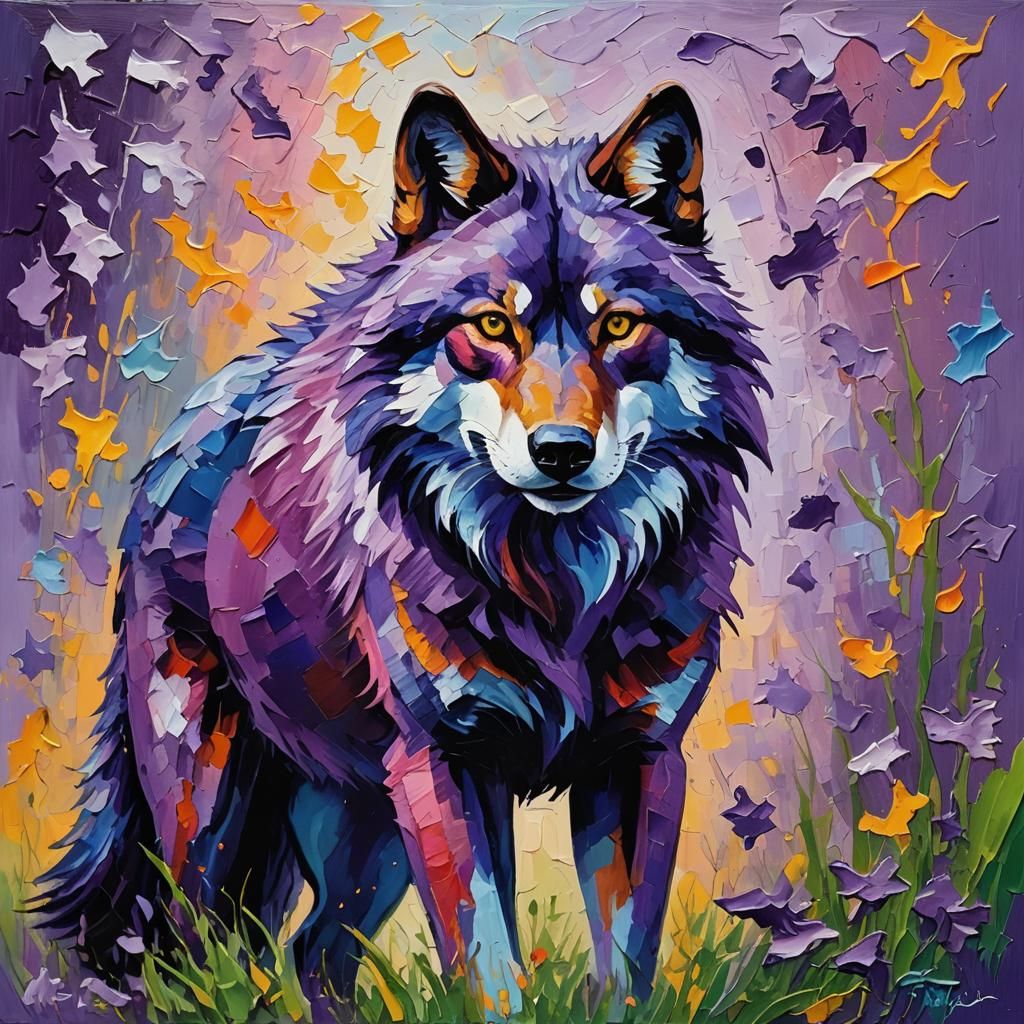 Impasto Purple Wolf Painting in Expressionist Style