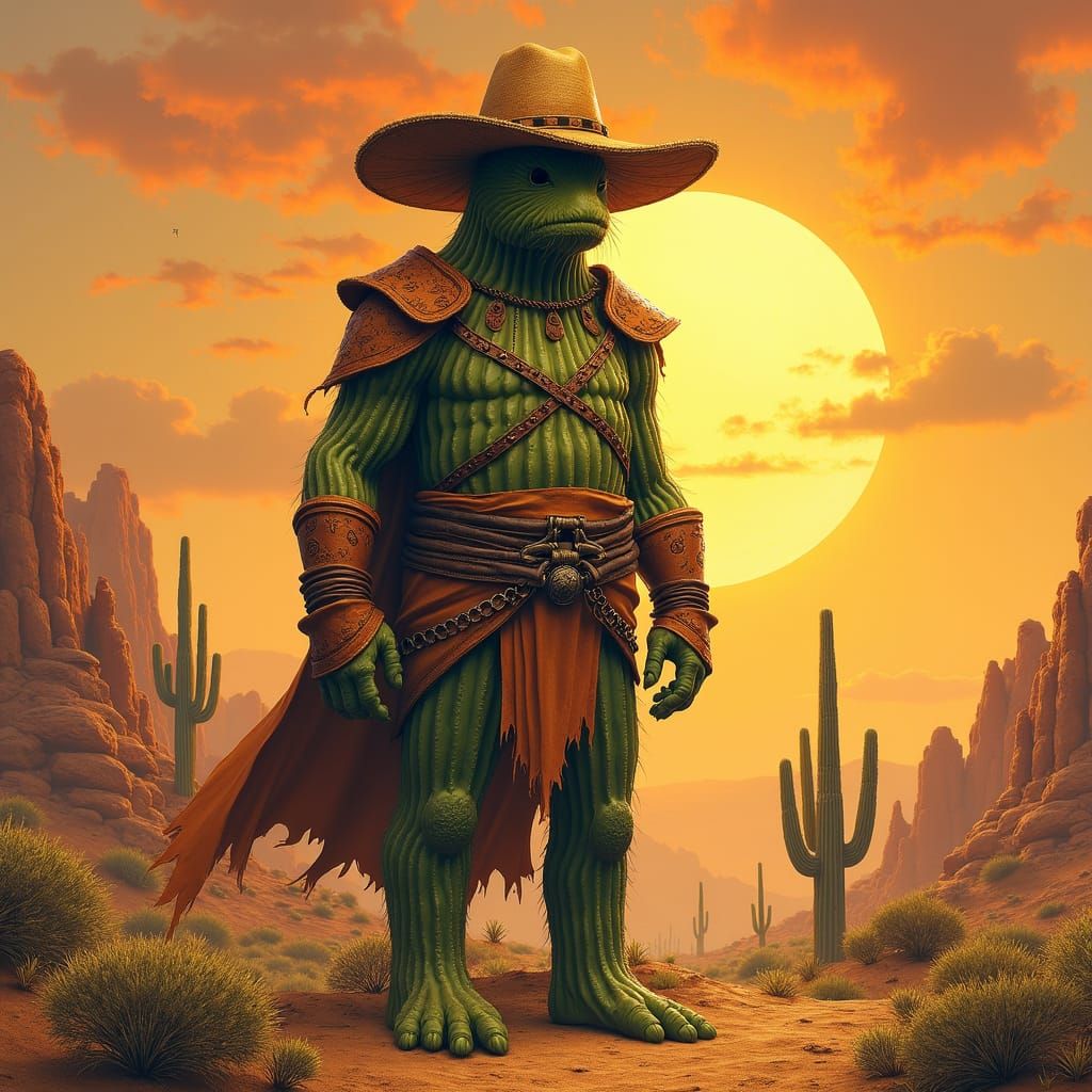 Cactus Adventurer in Surreal Desert Landscape