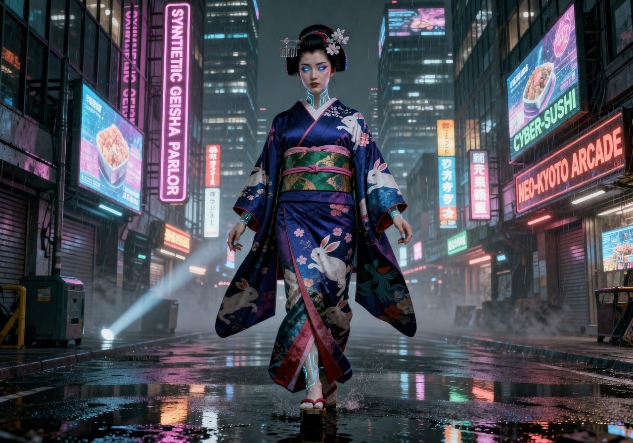 Cyberpunk Geisha in Neon Japanese Cityscape at Night