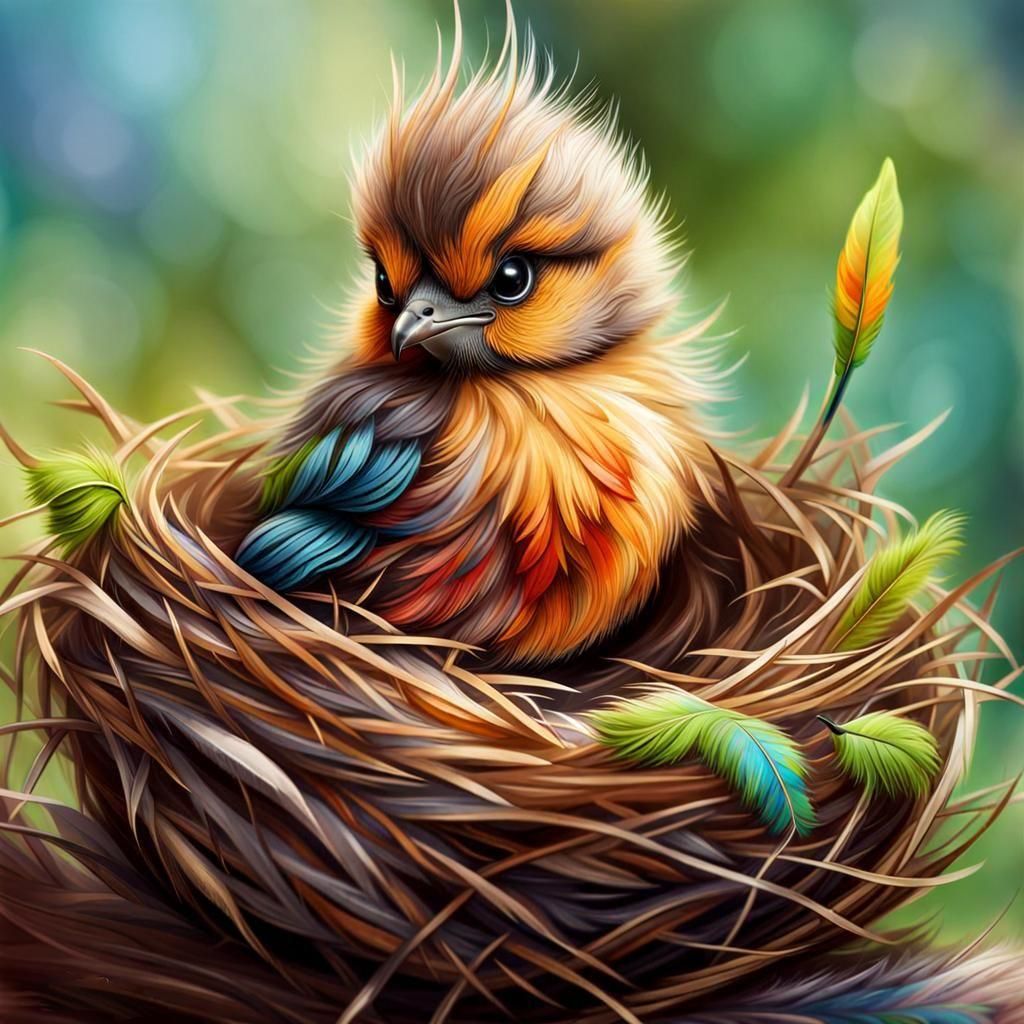 Cute Baby Bird in Nest Oil Painting