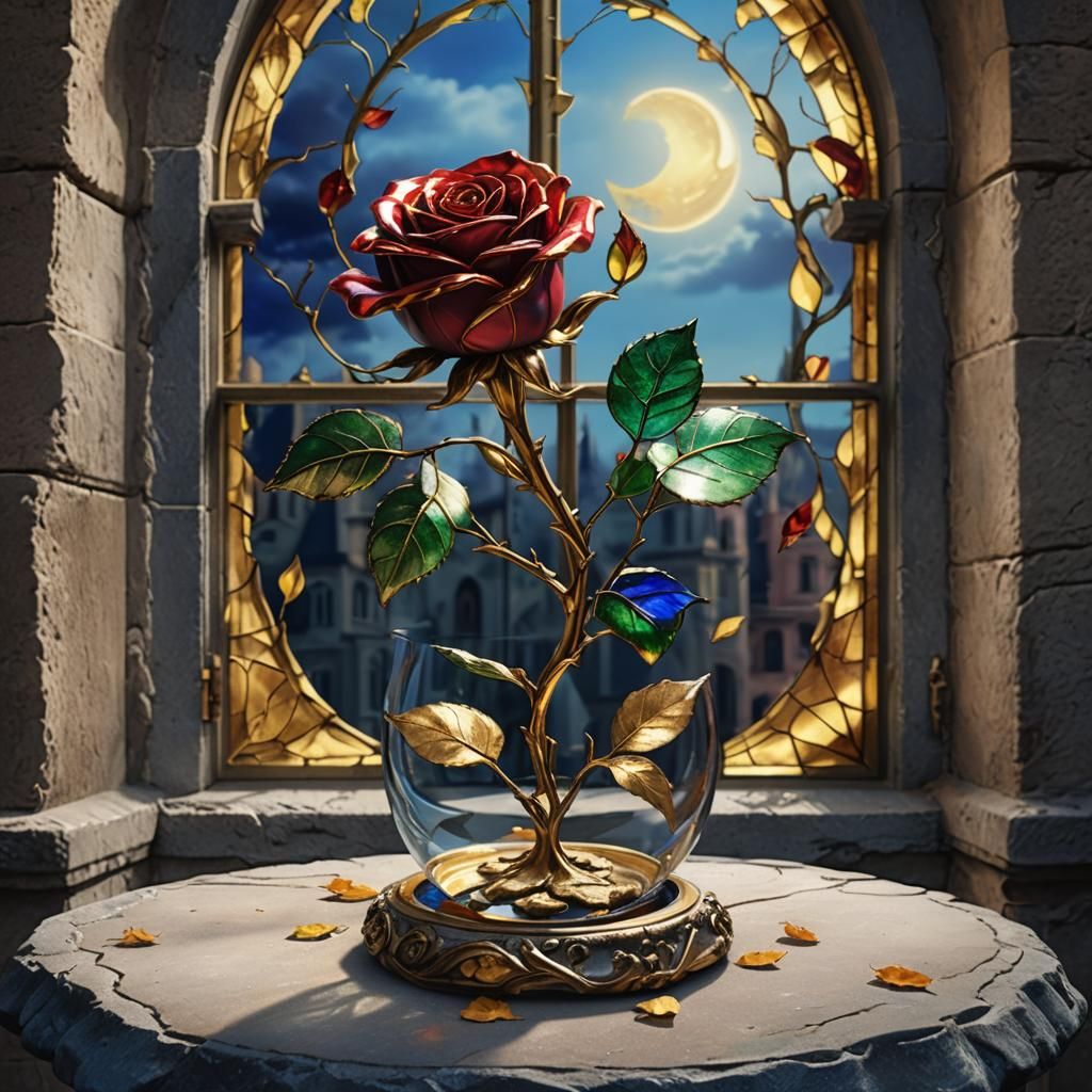 Glass Rose with Gold Leaves in Detailed Matte Painting