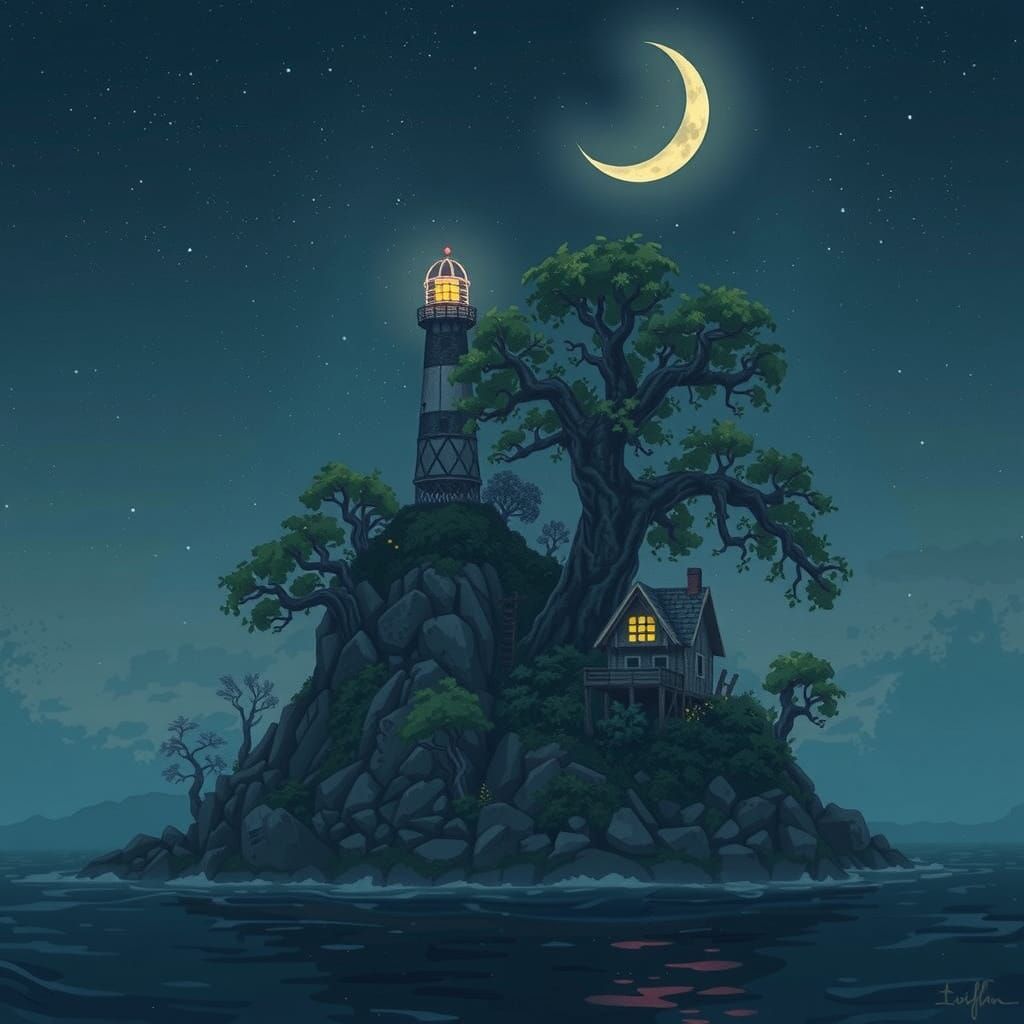 Midnight Island Lighthouse in Dreamy Anime Style
