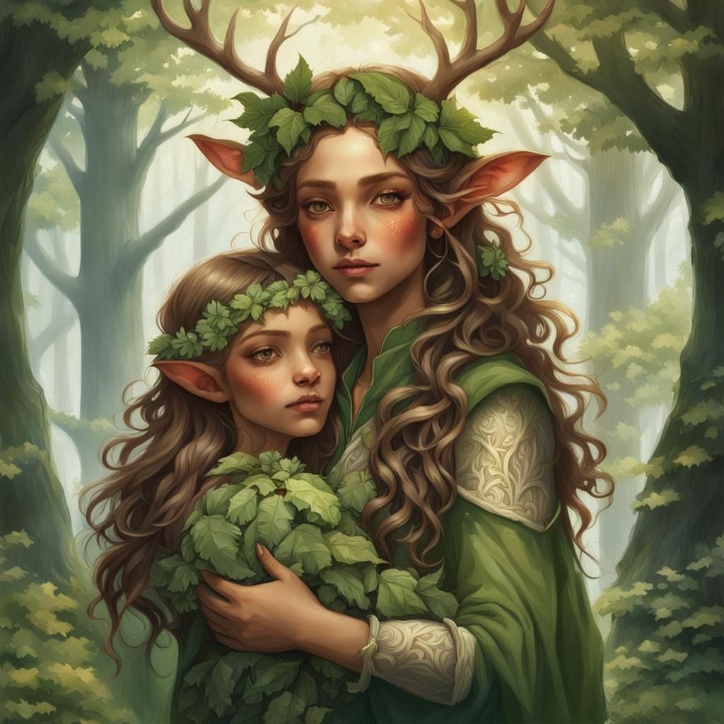 Elf Girl Portrait with Fawn in Hyperdetailed Style