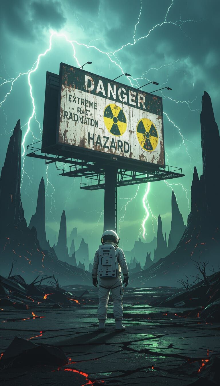 Astronaut Faces Radiation Billboard in Post-Apocalyptic Land...