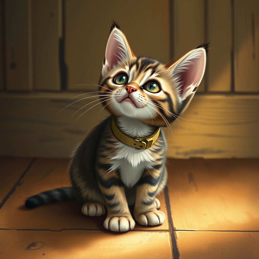 Curious Kitten in Golden Light, Detailed Illustration