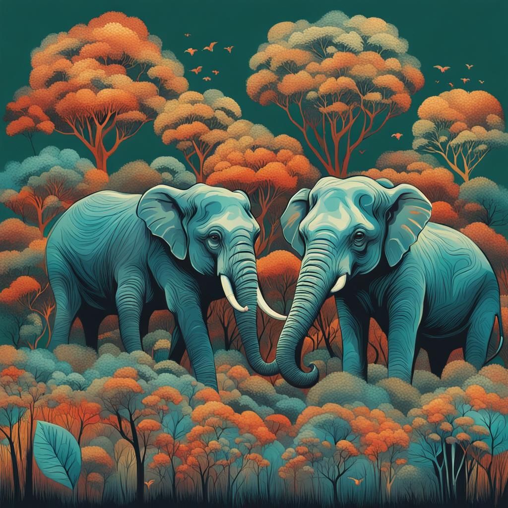 Tiny Elephants in Abstract Forest Art