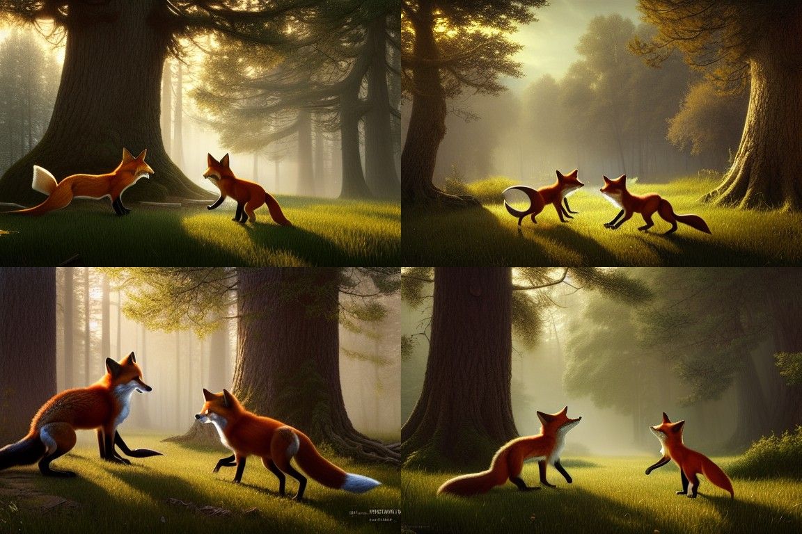 Foxes Playing Under Oak: Detailed Digital Illustration