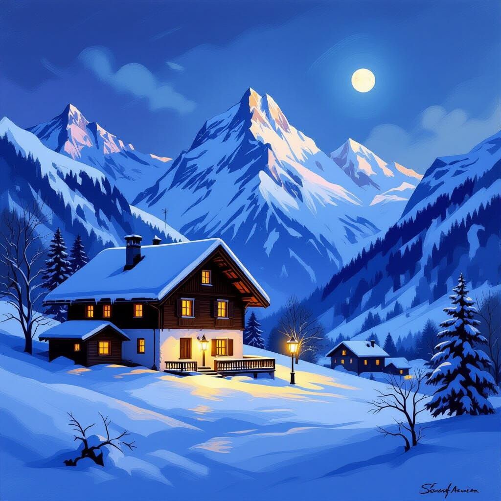 Cozy Swiss Chalet in Twilight Winter Wonderland