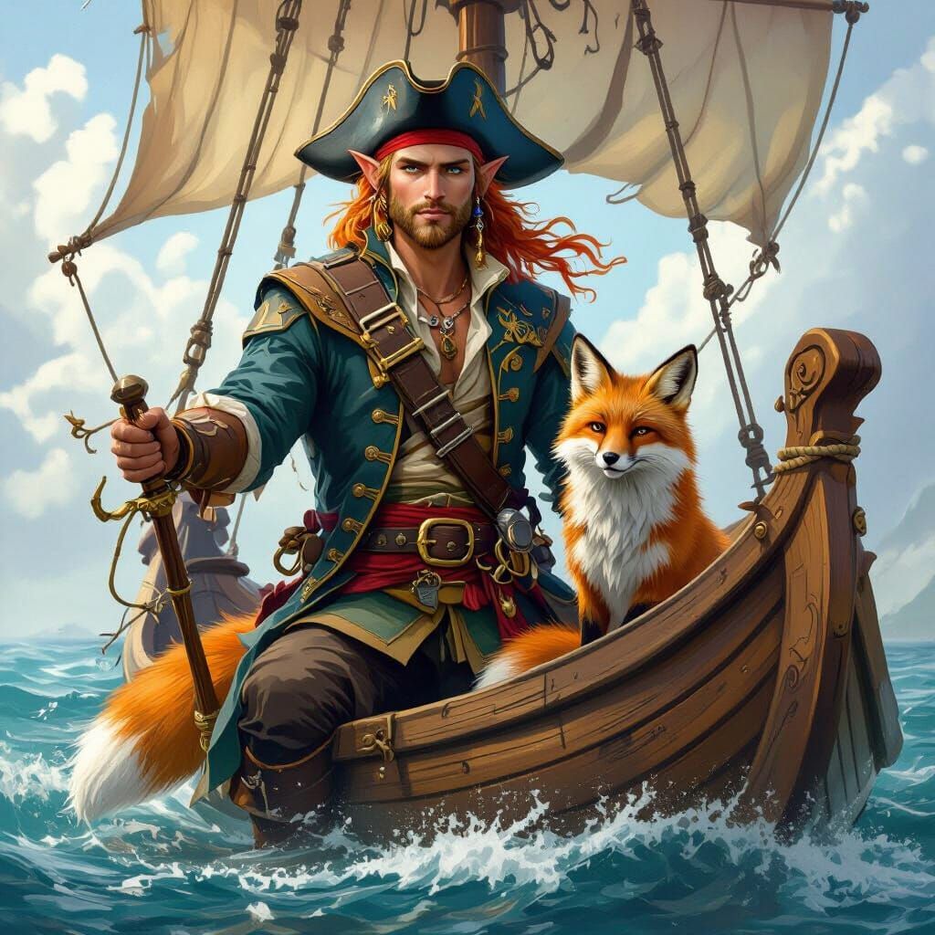 Elven Pirate and Fox Sailing the Seas