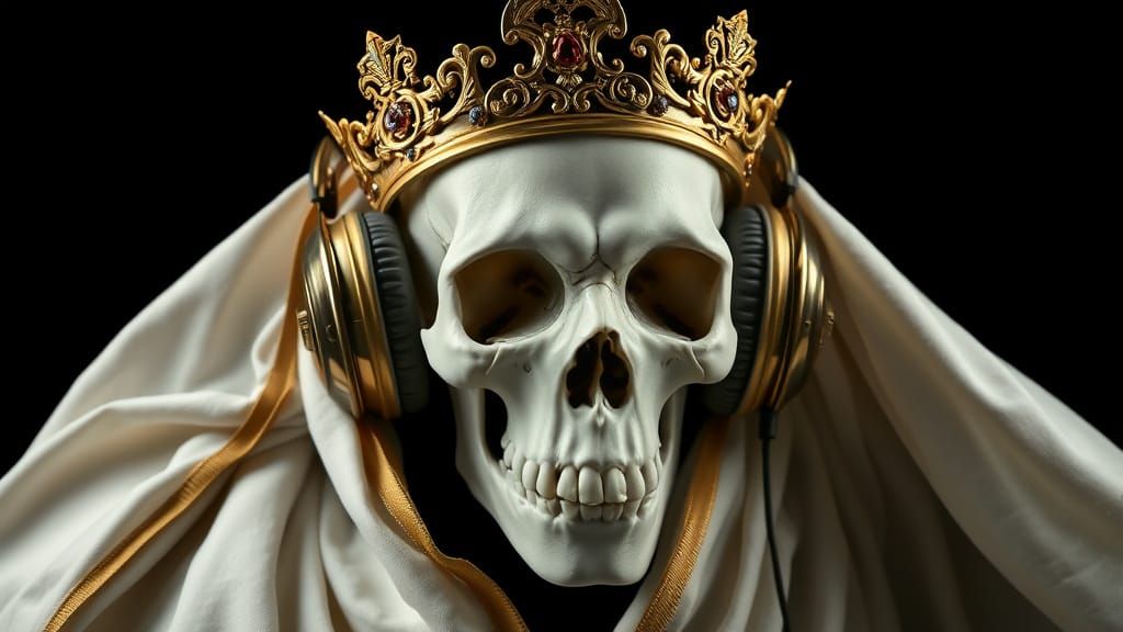 Regal Skull in Gold Crown with High-Tech Headphones