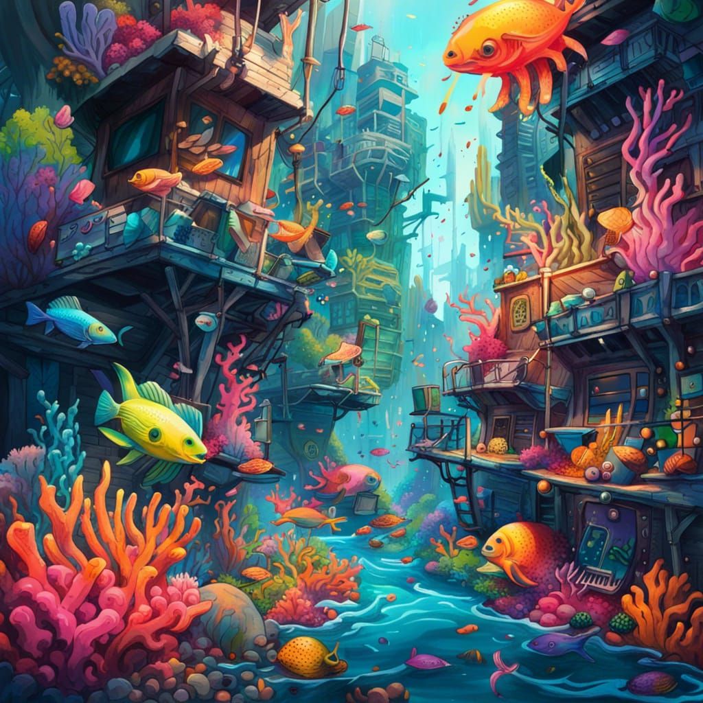 Vibrant Underwater Coral Reef Village in Graffiti Art Style