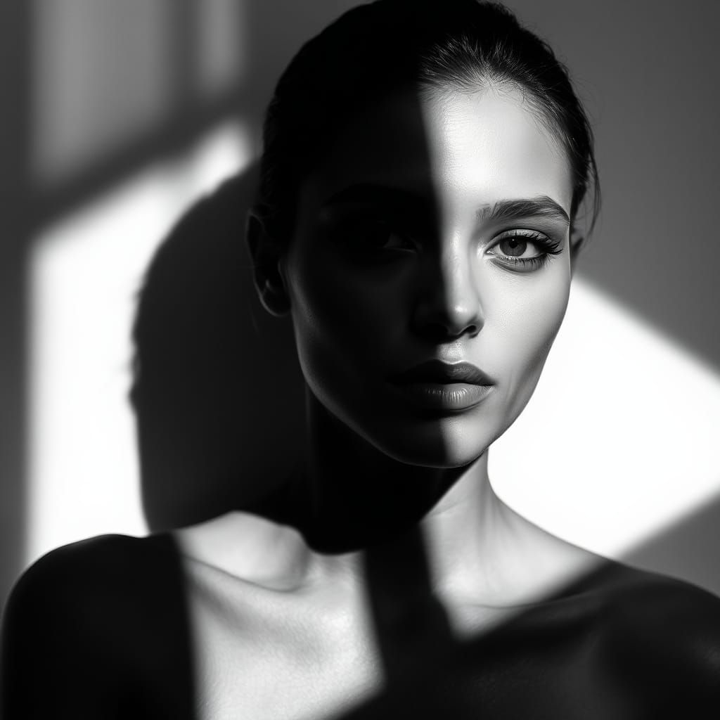 Minimalist Black and White Portrait with Shadows