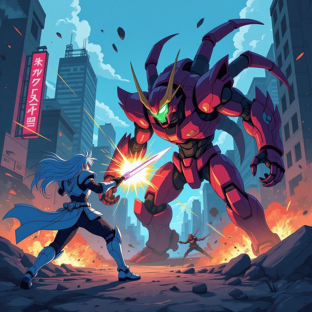Epic Anime Battle: Warrior vs Alien in Neon Cityscape