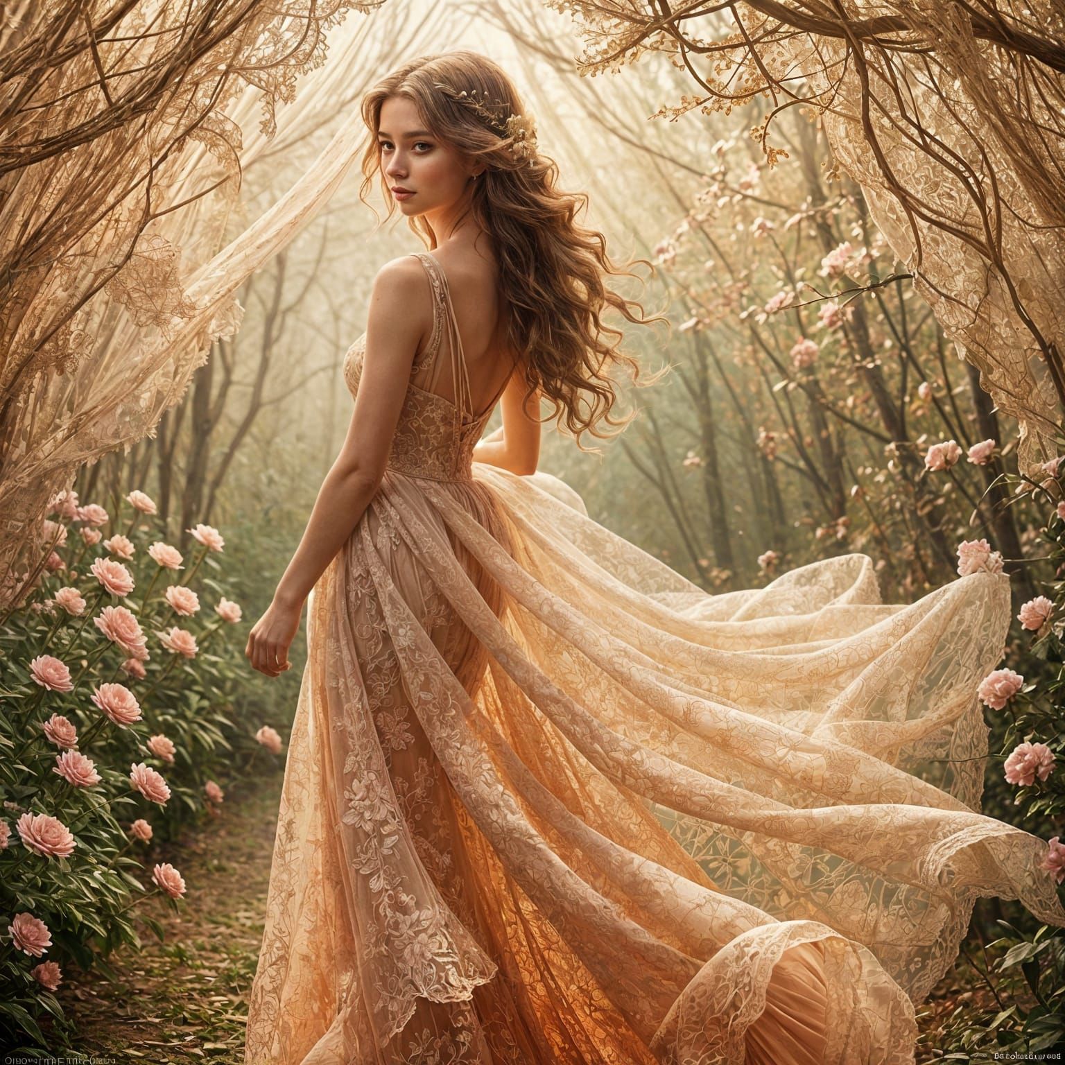 Elegant Woman in Flowing Gown with Lace Details