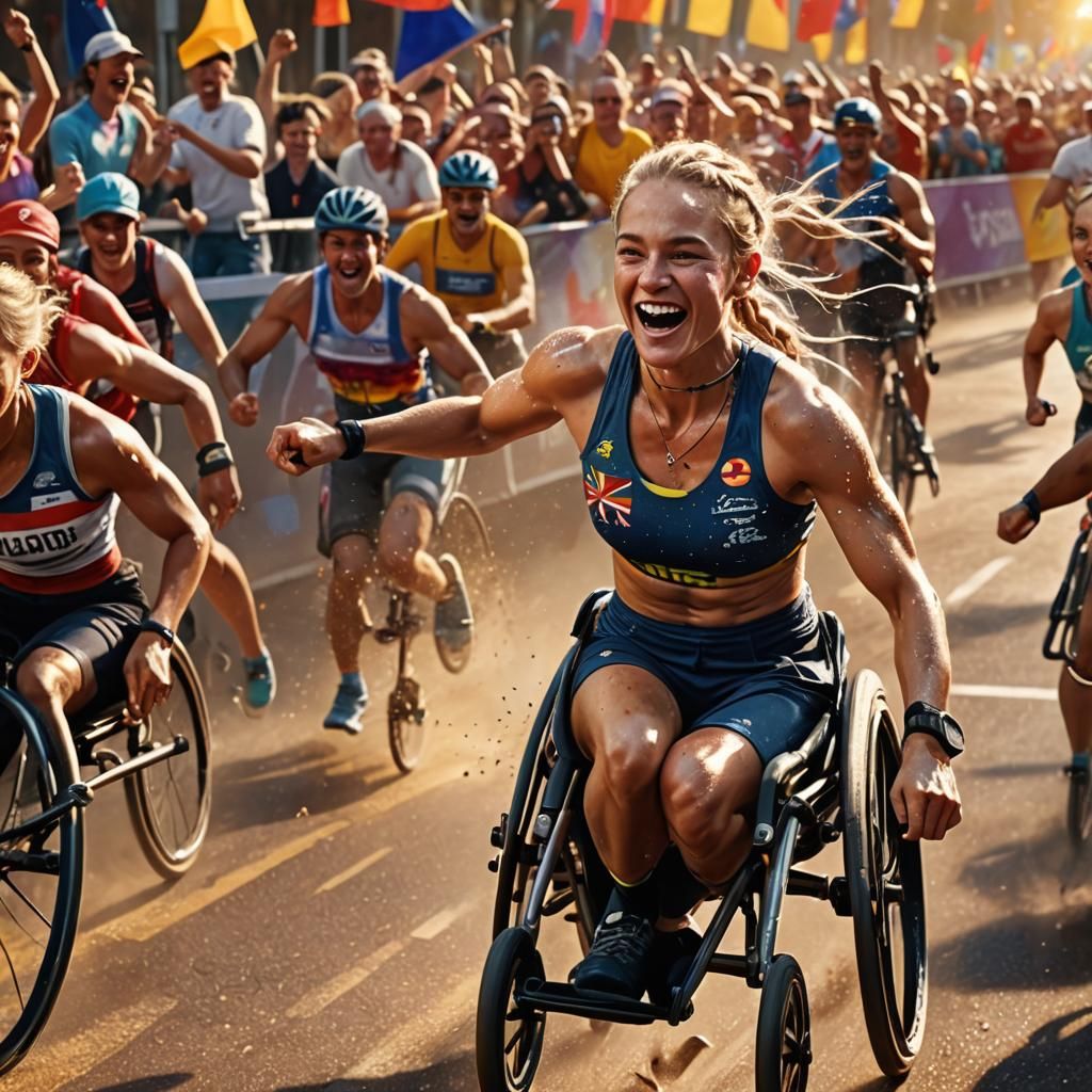 Victorious Paralympian Crossing Finish Line: Digital Matte P...