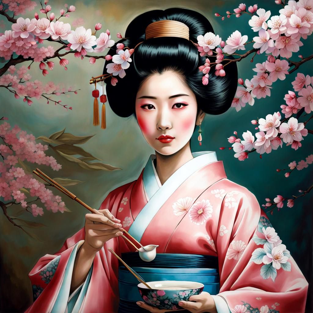 Japanese Woman in Kimono with Cherry Blossoms