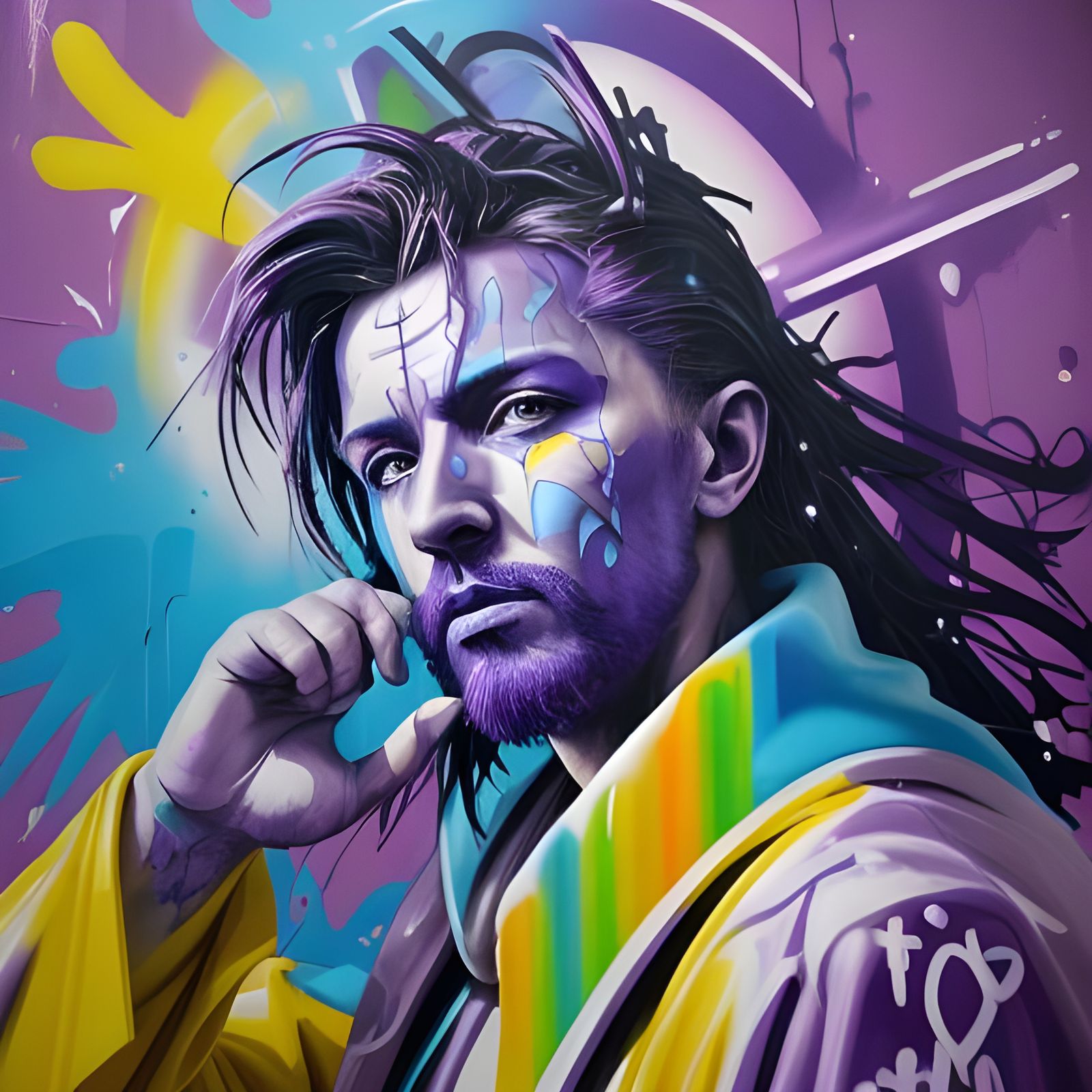 Haloed Holy Man in Colorful Graffiti Art