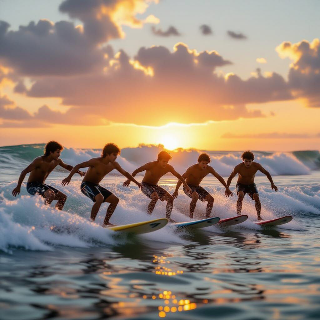 Teenage Boys Surfing Uncoordinated at Sunset Beach