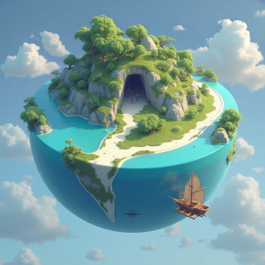 Planetoid with Flying Ship in Sci-Fi Art Style