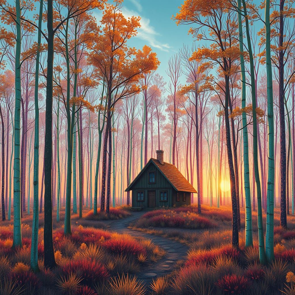 Surreal Forest Cottage in Dreamlike Whimsy