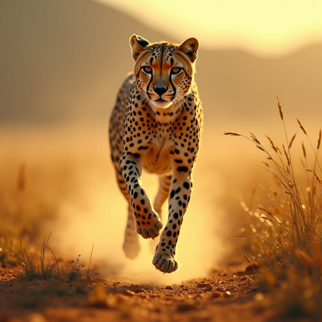 Surreal Cheetah in Mid-Stride Runs Across Golden Savannah