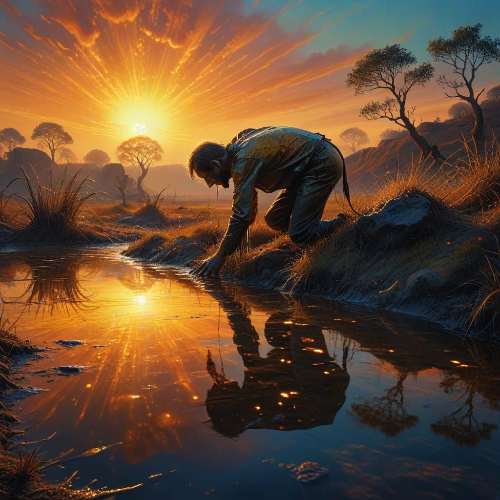 Man Crawling to Waterhole in Surrealist Oil Painting