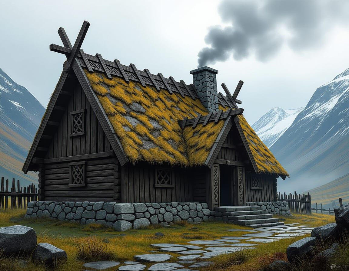 Viking Longhouse in Mountain Valley Digital Illustration