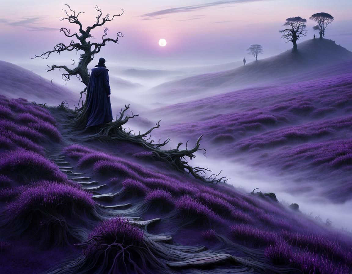 Eerie Gothic Landscape with Violet Evening Mist