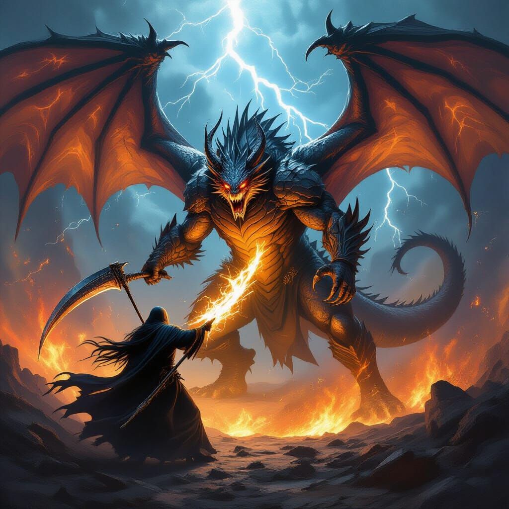Grim Reaper Fights Colossal Dragon in Epic Fantasy Battle
