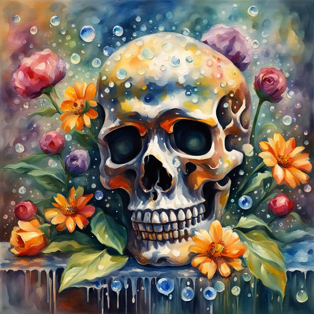 Crystal Skull with Dew Drops in Gouache Style