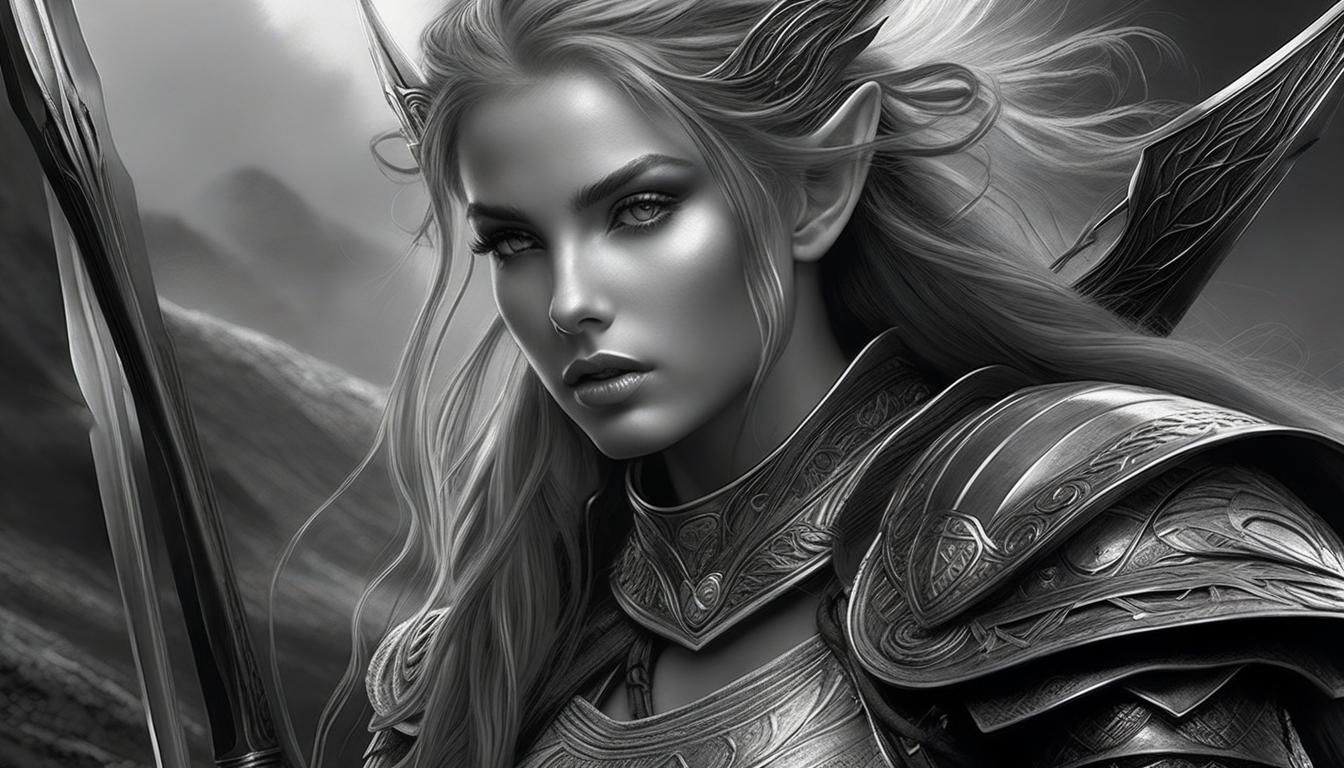 Elven Warrior in Grayscale Drawing Style