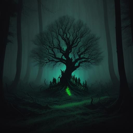 Eerie Gathering in Dark Forest: Gothic Horror Scene