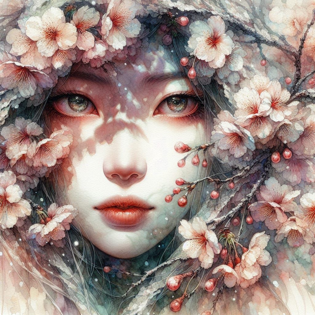 Ethereal Winter Cherry Blossoms in Watercolor Style