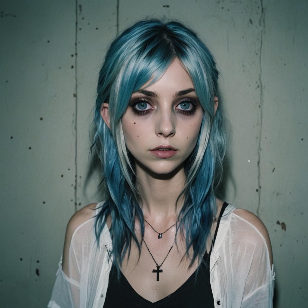Cinematic Film Still of a Blue-Haired Figure