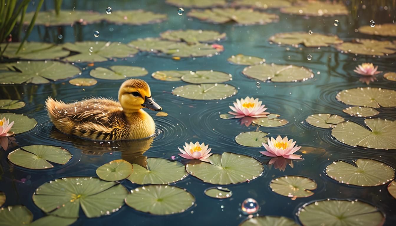 Shabby Duckling Swims in Pond with Water Lilies
