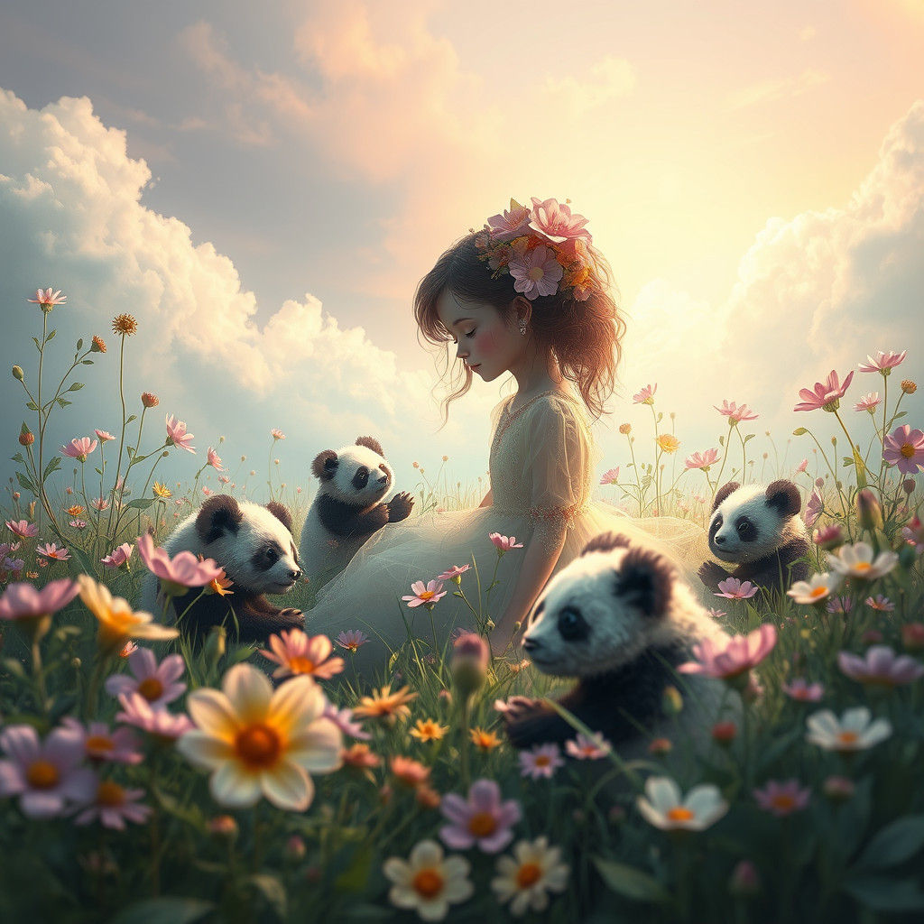 Flower Girl and Pandas in Ethereal Meadow
