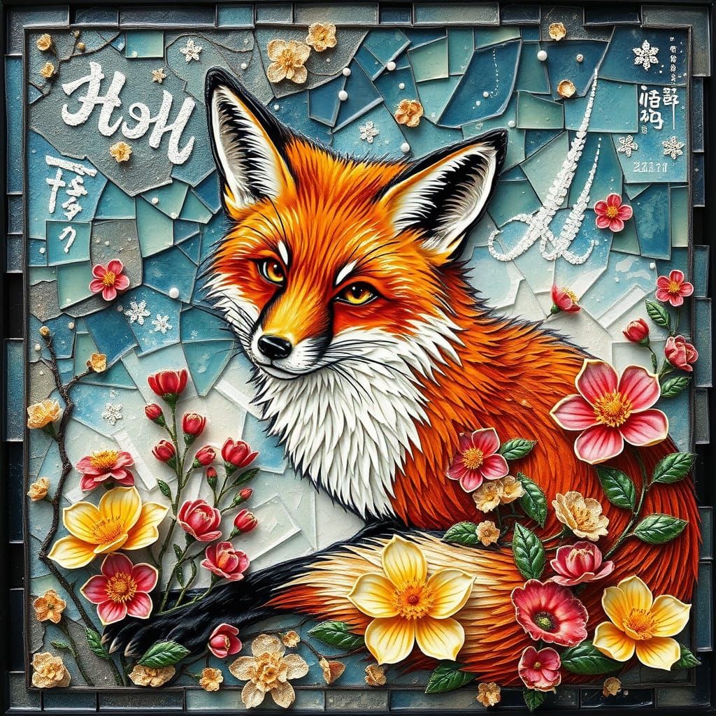 Fox and Flowers Kintsugi Mosaic Alcohol Ink Art