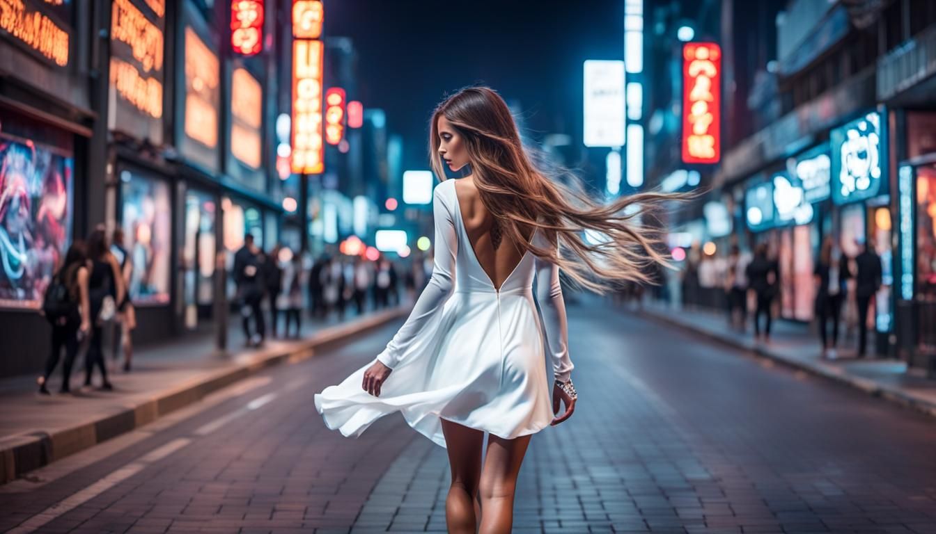 Woman in White Dress Walking City Streets at Night