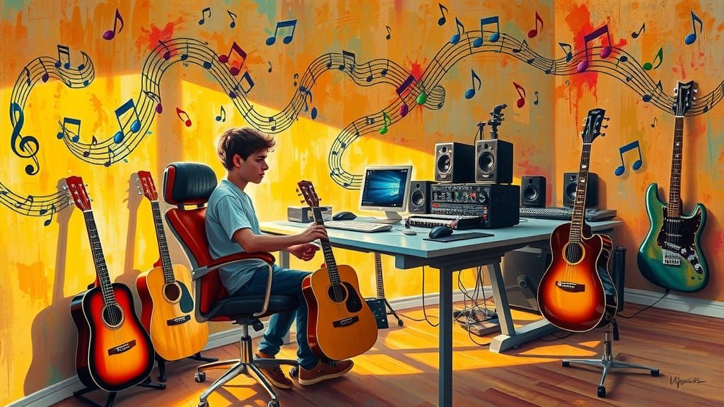 Surreal Musician's Studio in Vibrant Impasto Style