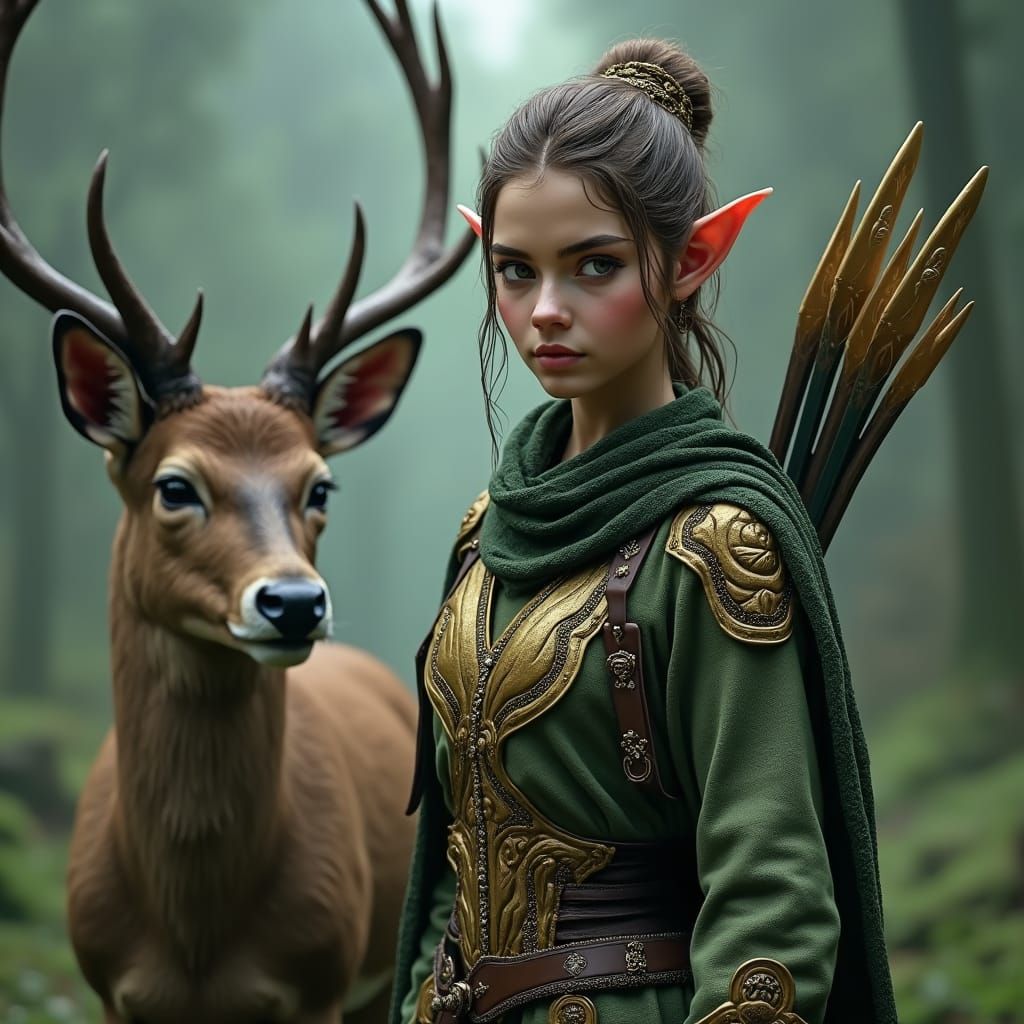 Beautiful Elf with Deer in Misty Forest