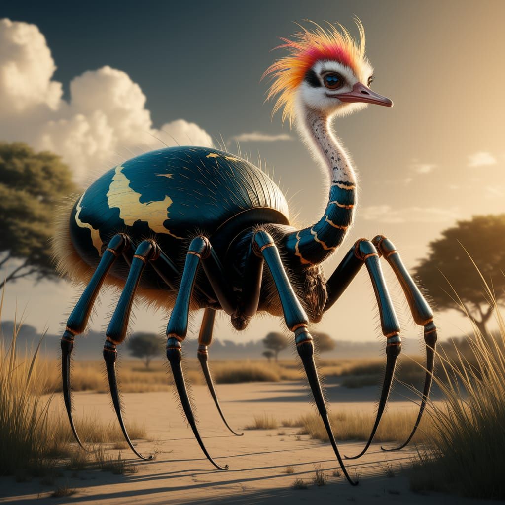 Majestic Ostrich Spider Hybrid in Sunlit Savannah