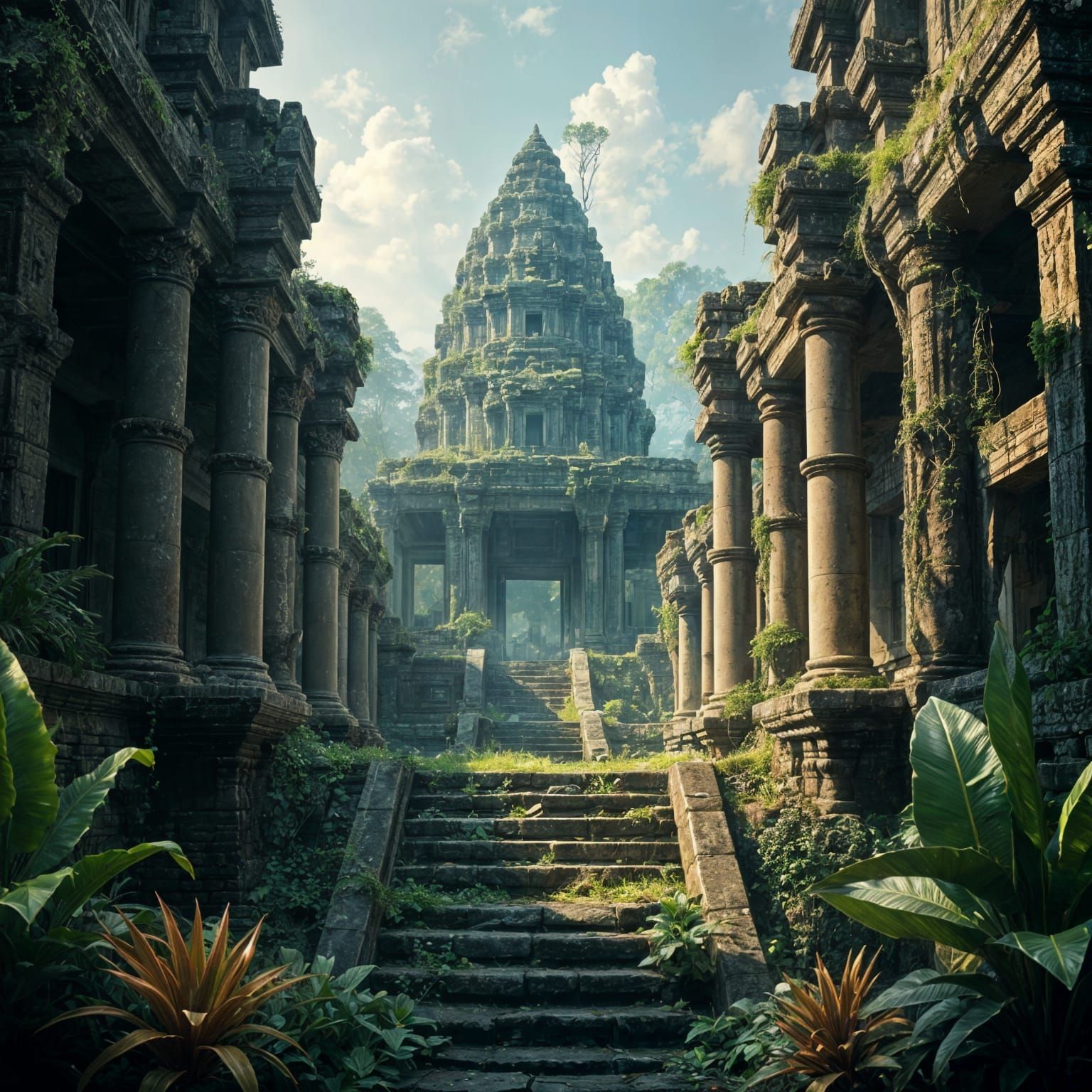 Ethereal Temple Ruins in a Lush Jungle Setting