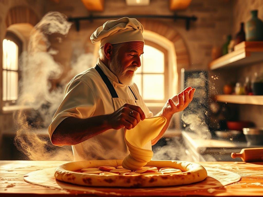 Italian Cook's Silhouette in Abstract Dough Motion