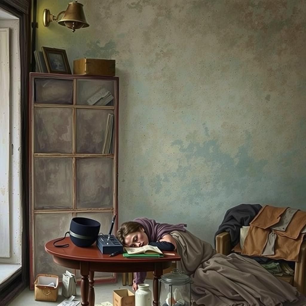 Melancholic Woman at Desk in Cinematic Realism