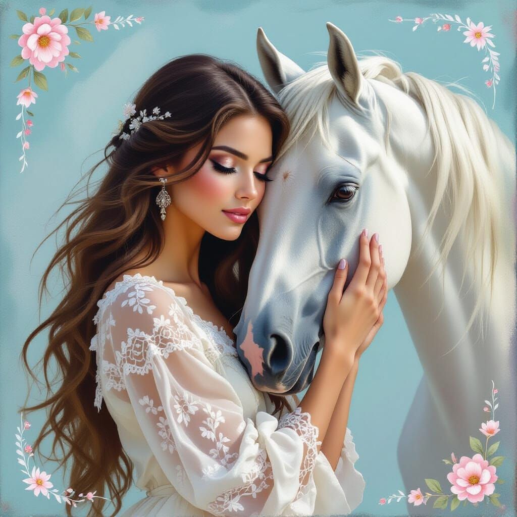 Ethereal Woman and White Horse in Dreamy Floral Setting