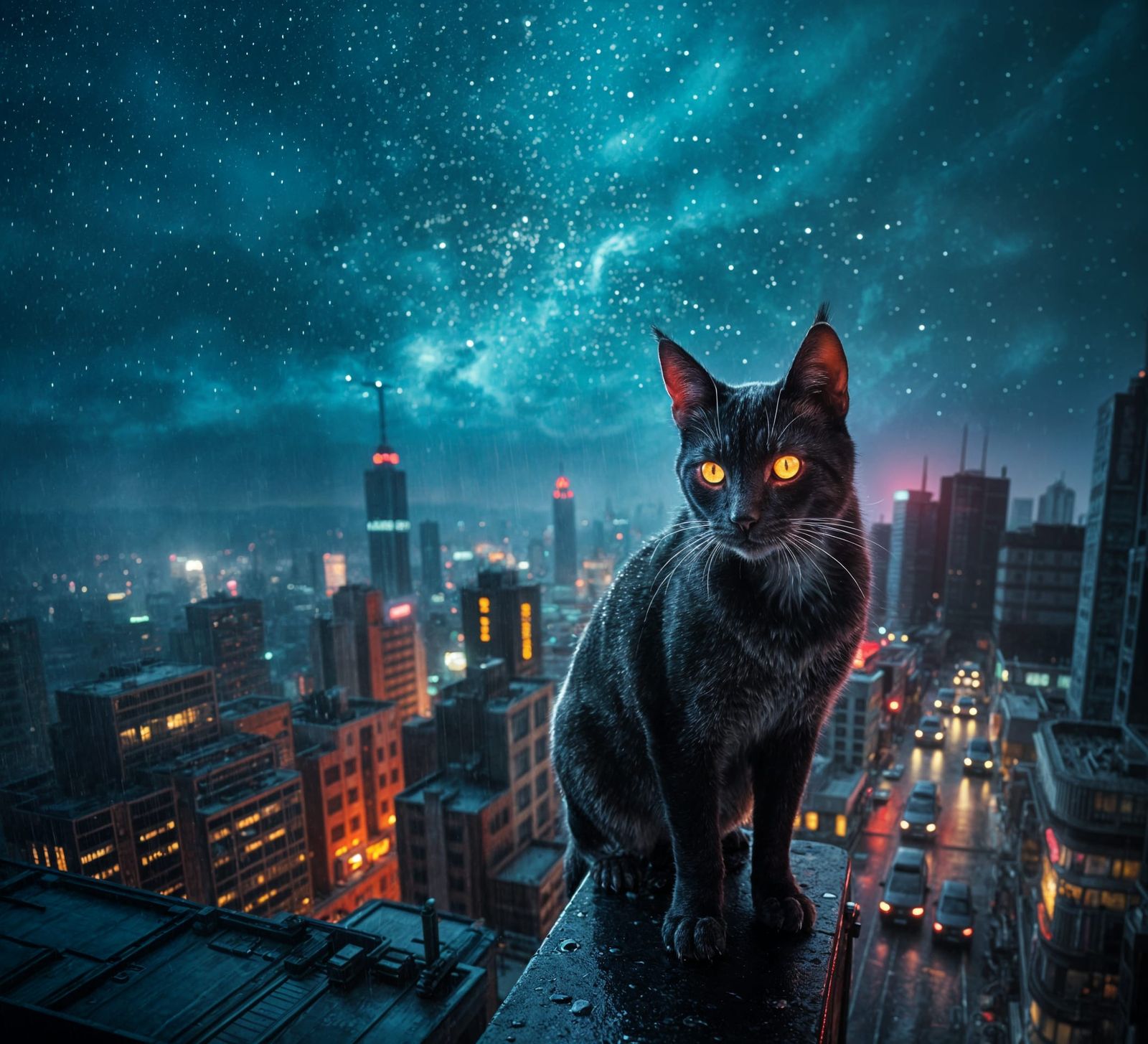 Cyberpunk Cat Overlooking Neon Cityscape