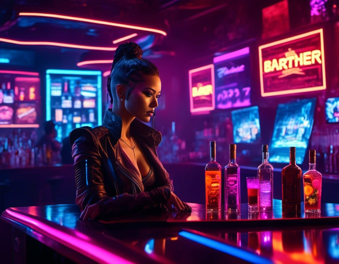 Cyberpunk Bartender in Neon-Lit Futuristic Bar